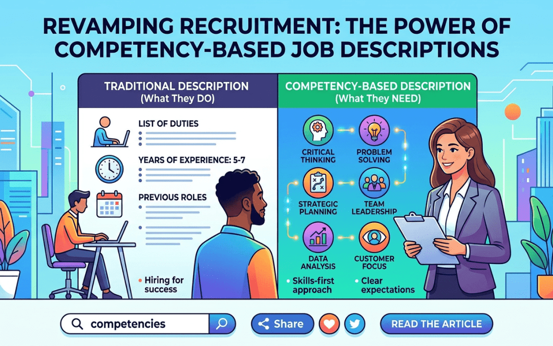 Side-by-side comparison of traditional job descriptions versus competency-based job descriptions highlighting key skills needed