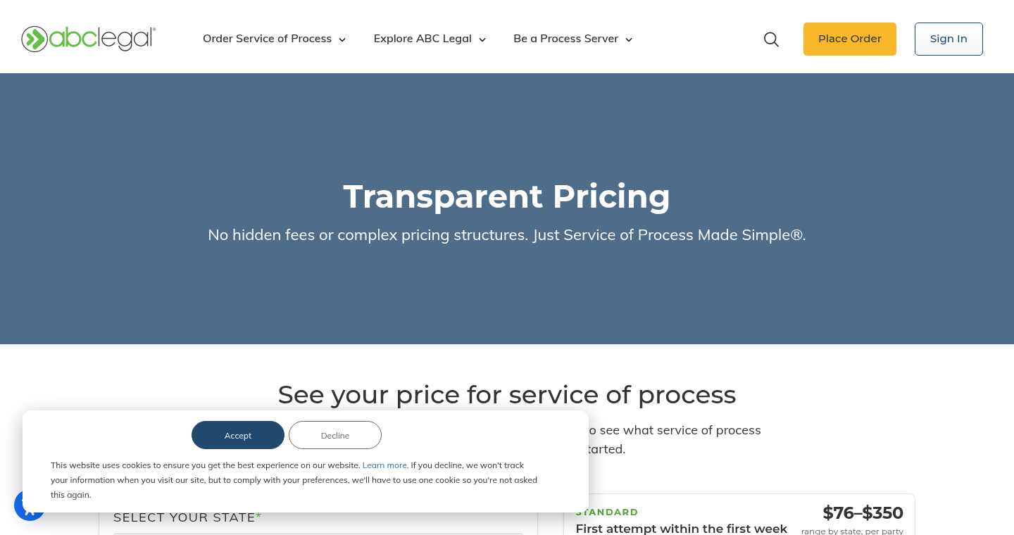 ABC Legal service of process pricing page