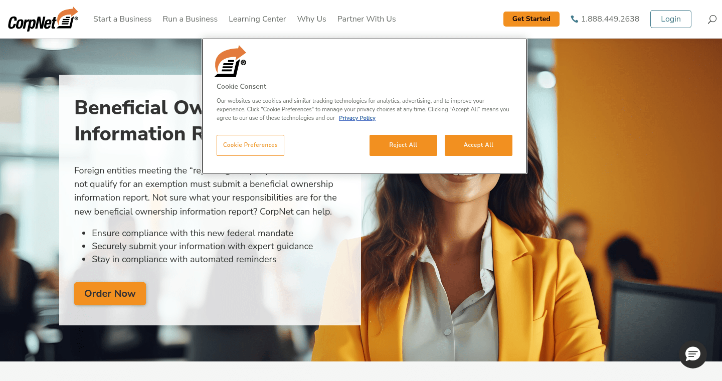 CorpNet Beneficial Ownership Information reporting page