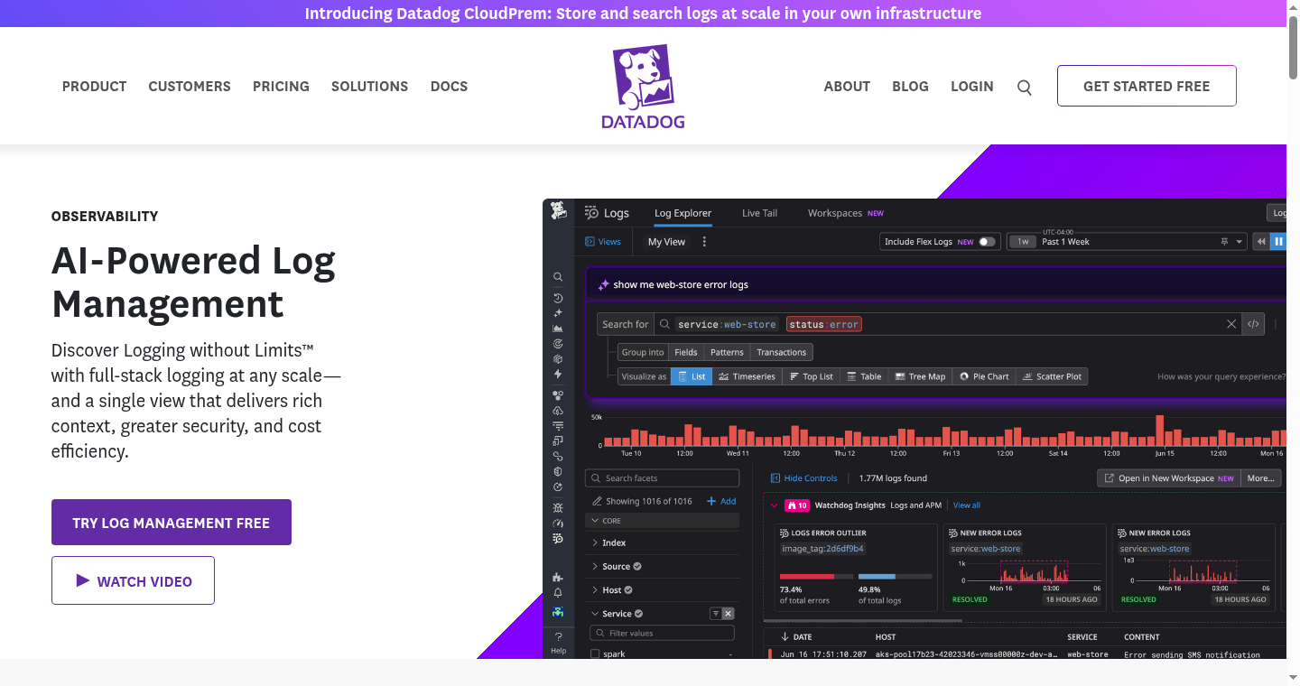Datadog Log Management official homepage