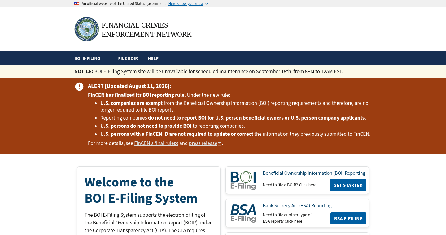 FinCEN Beneficial Ownership Information e-filing portal