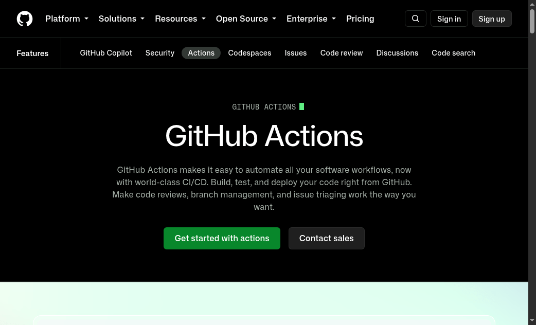 GitHub Actions official homepage