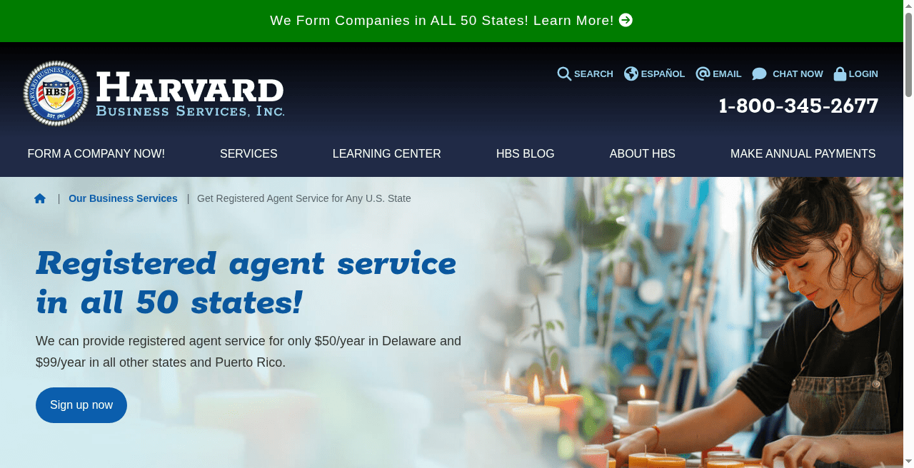 Harvard Business Services registered agent page