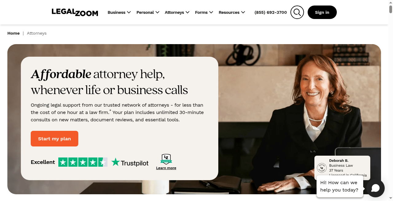 LegalZoom Business Attorney Plan page