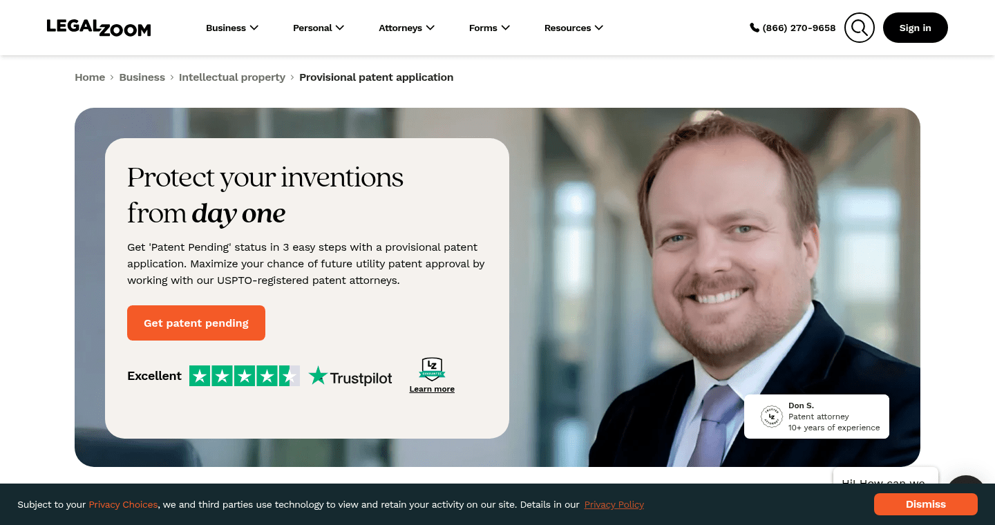 LegalZoom provisional patent application pricing page