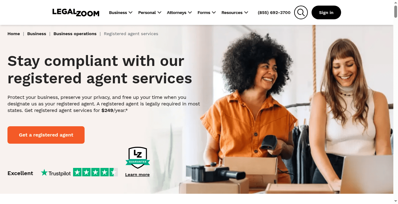 LegalZoom registered agent official page