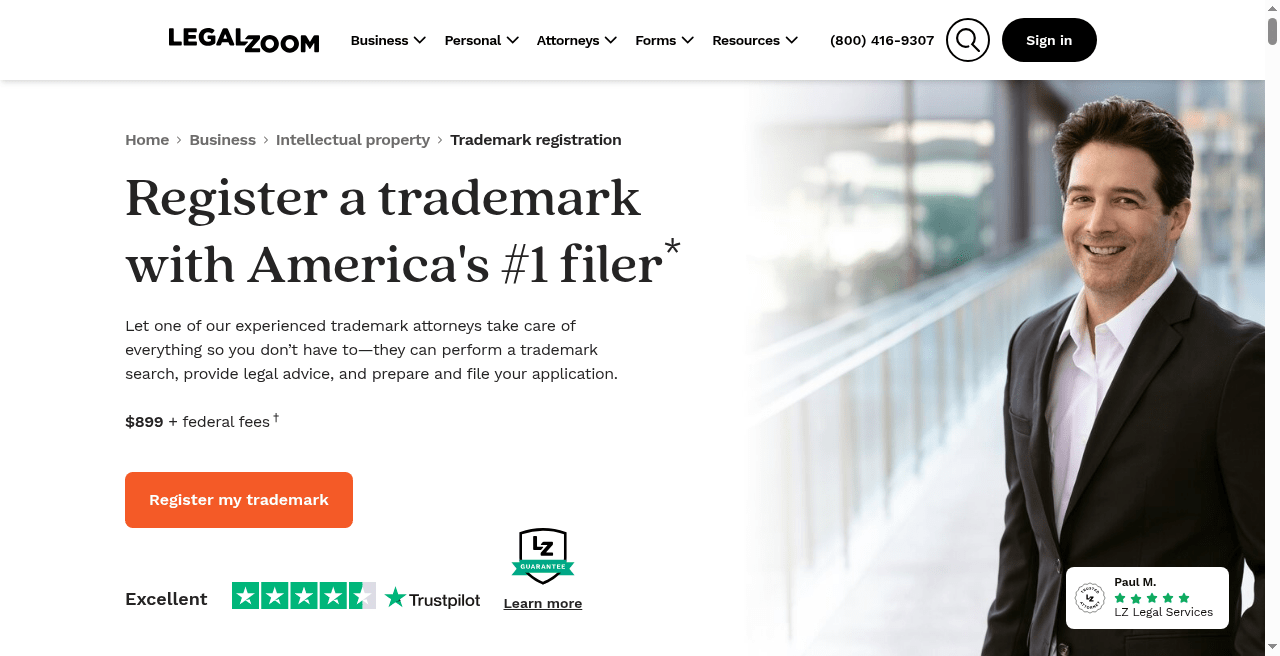 LegalZoom trademark registration official page