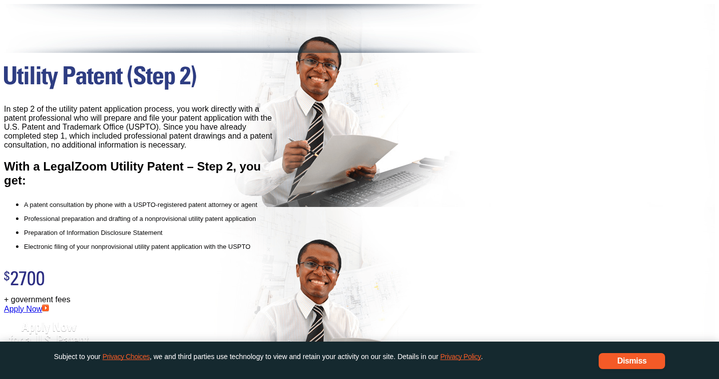 LegalZoom utility patent Step 2 pricing page