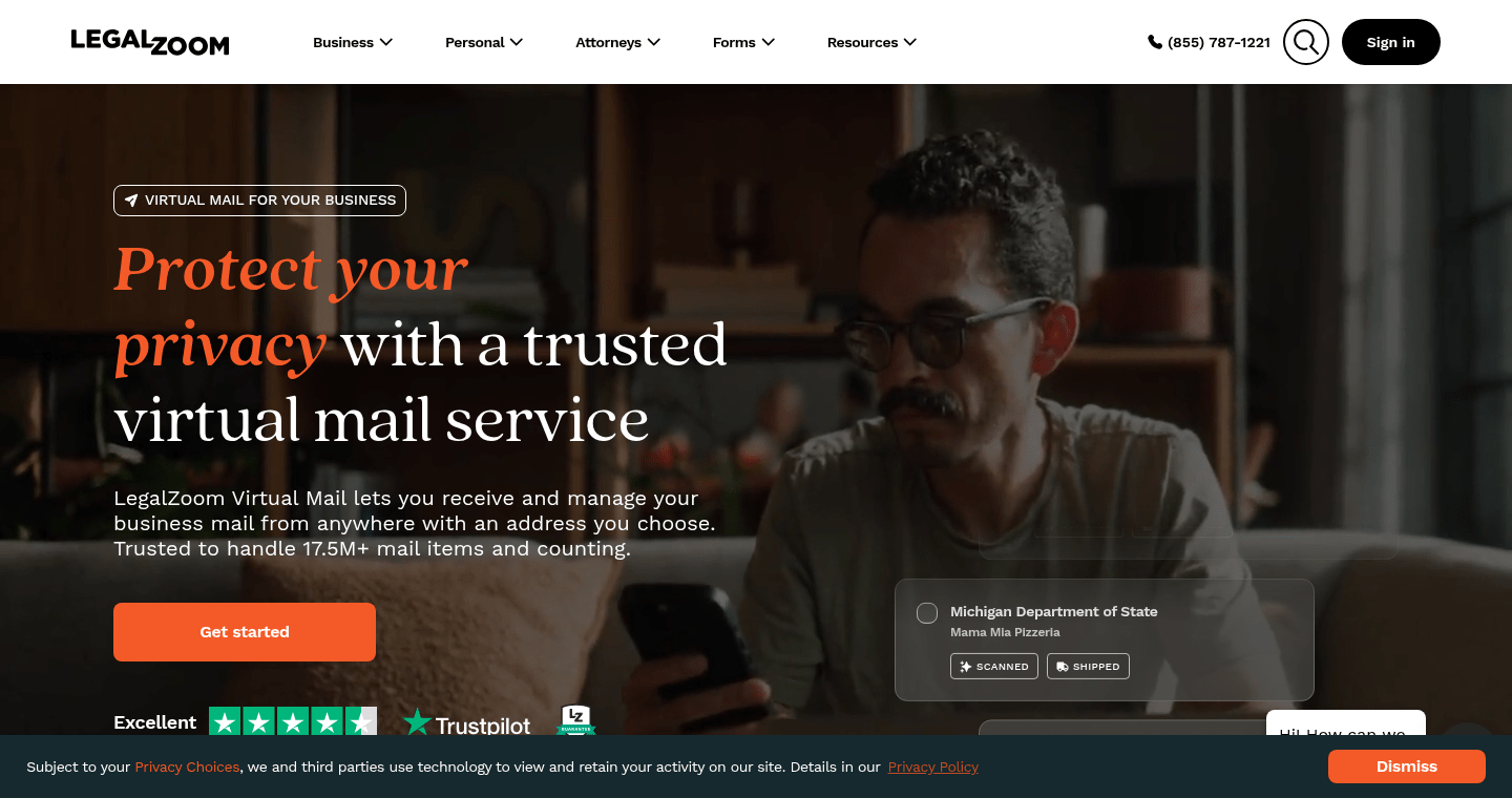 LegalZoom Virtual Mail / Earth Class Mail pricing page