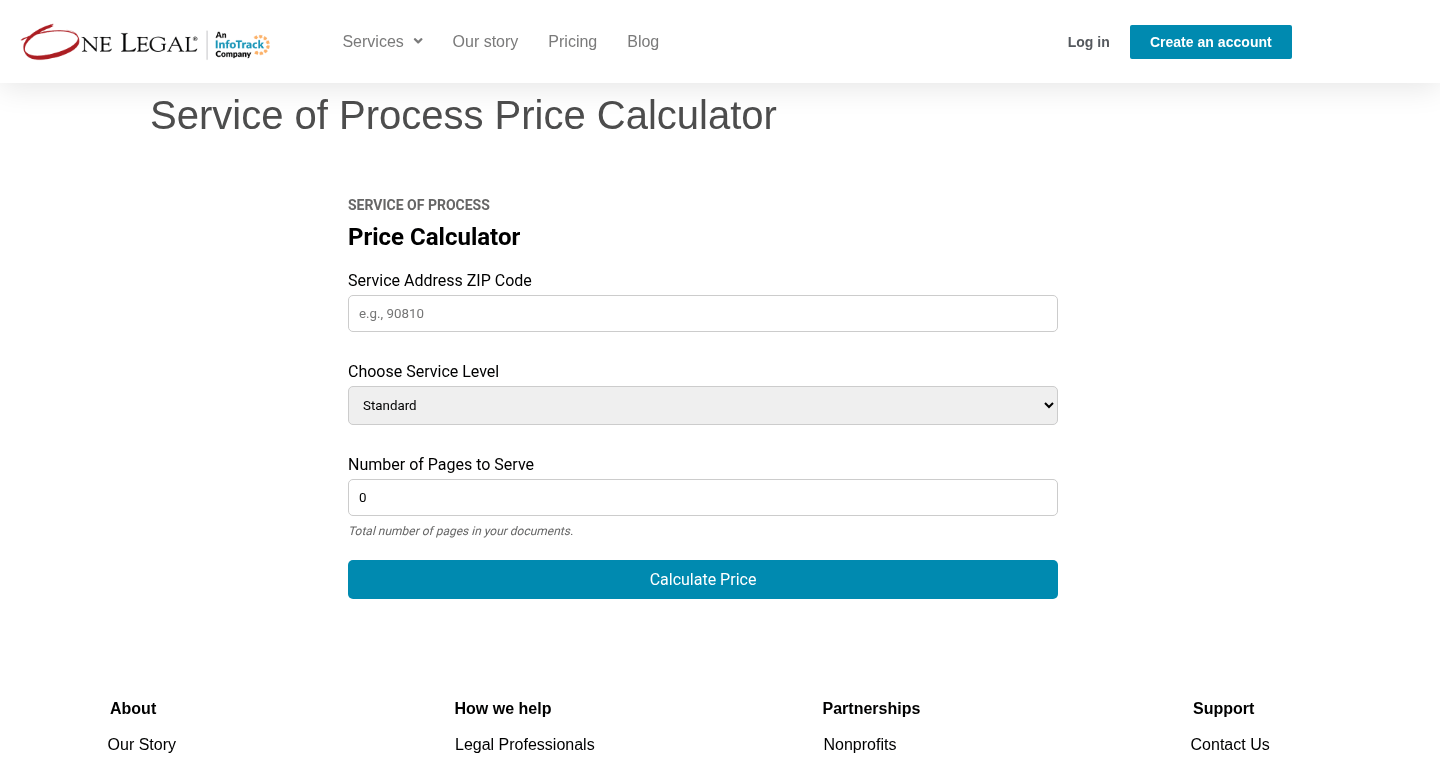 One Legal process serving price calculator page