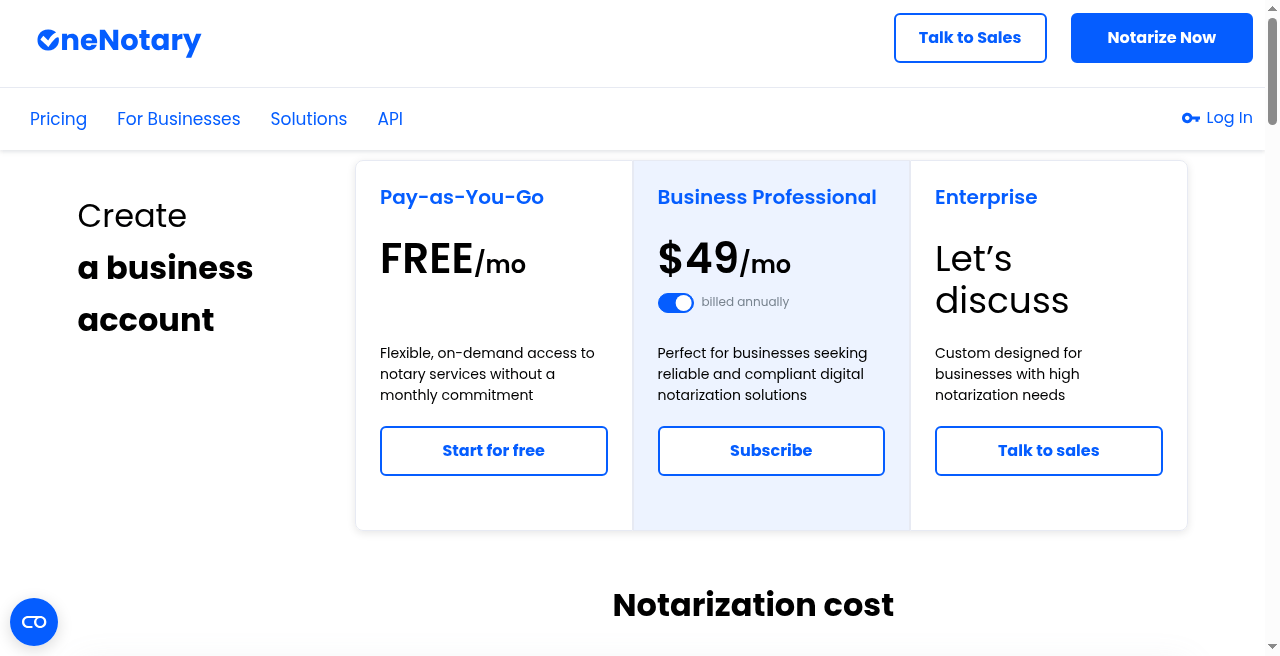 OneNotary business pricing page