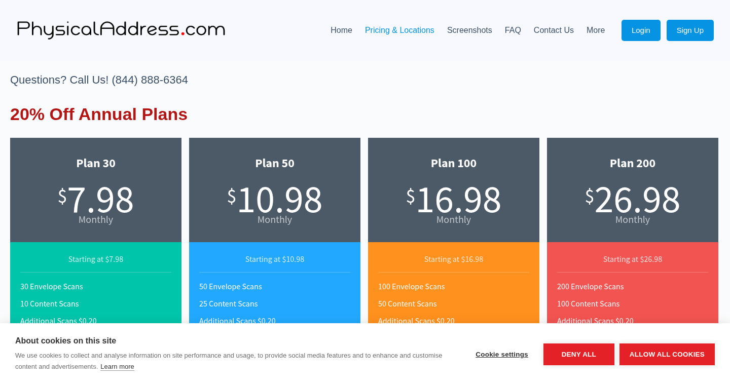 PhysicalAddress.com virtual mailbox pricing page