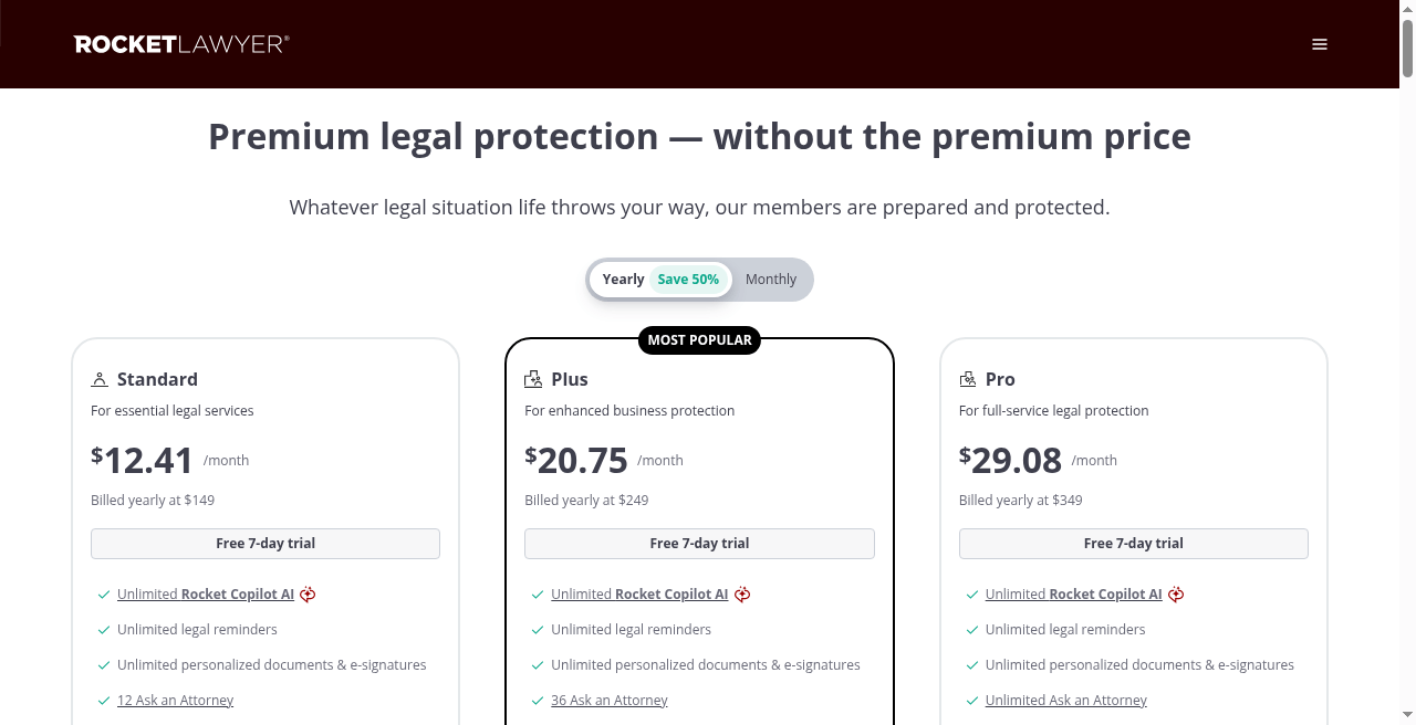 Rocket Lawyer pricing page