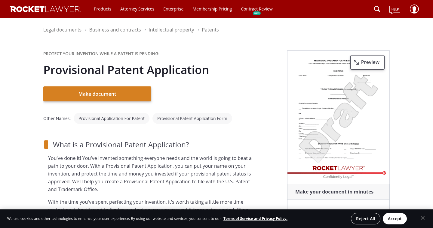 Rocket Lawyer provisional patent application document page