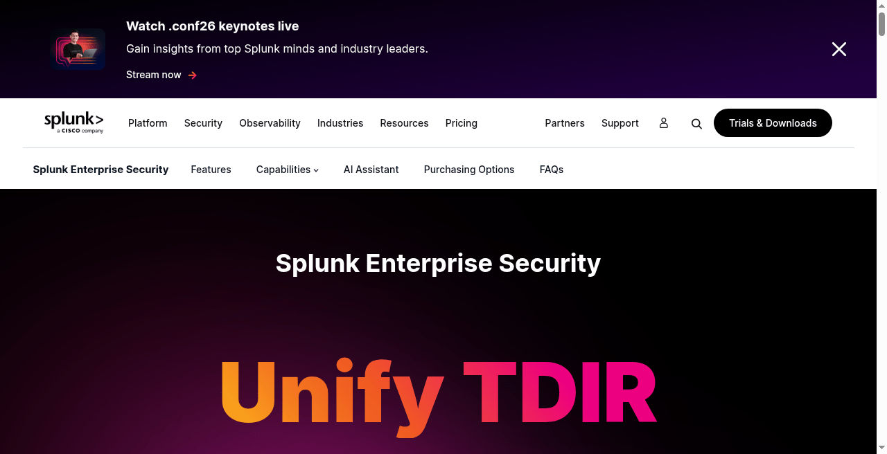 Splunk Cloud / Enterprise Security official homepage