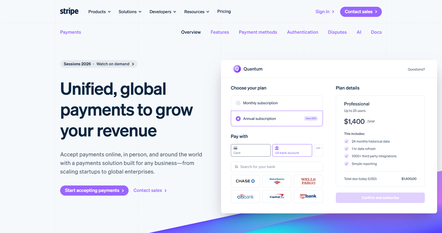 Stripe official payments page