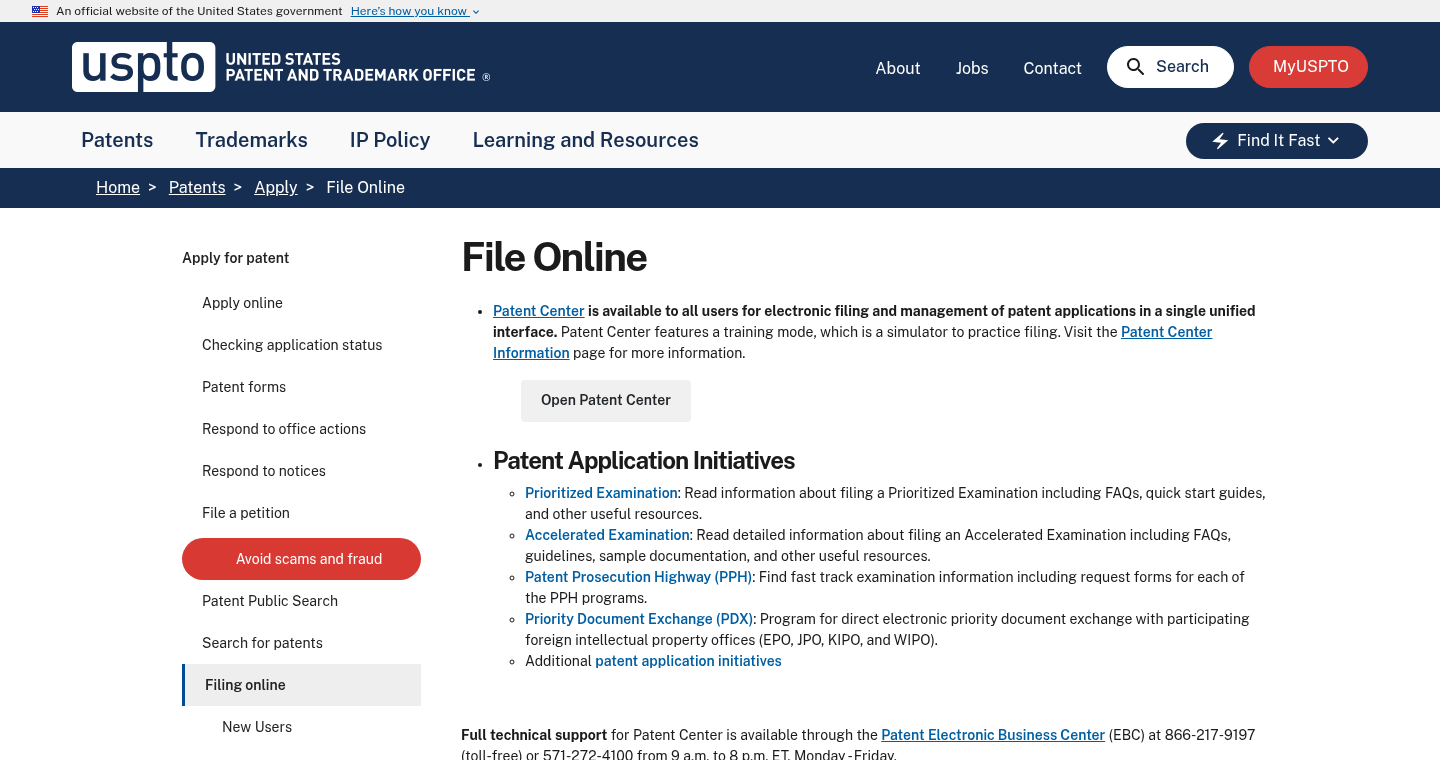 USPTO patents apply / Patent Center information page