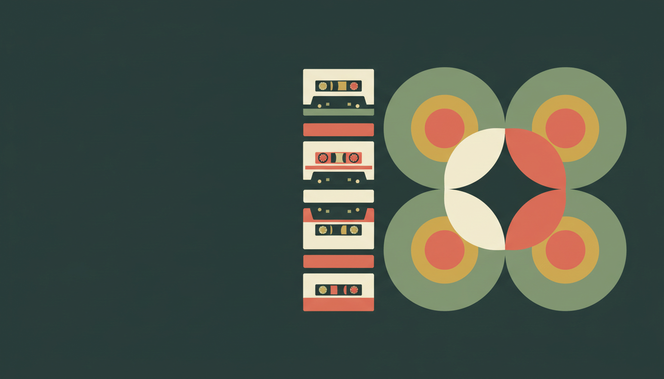 Abstract illustration: mirrored circles and a stack of video cassettes on a dark green ground