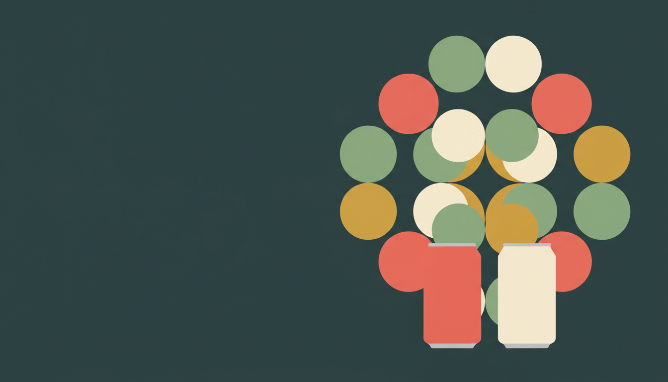 Abstract illustration: mirrored circles and two plain soda cans on a dark green ground