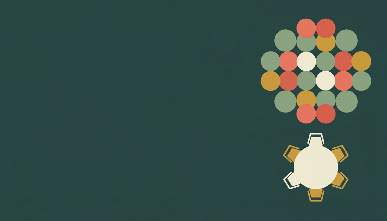 Abstract illustration: mirrored circles and a round team table with chairs on a dark green ground