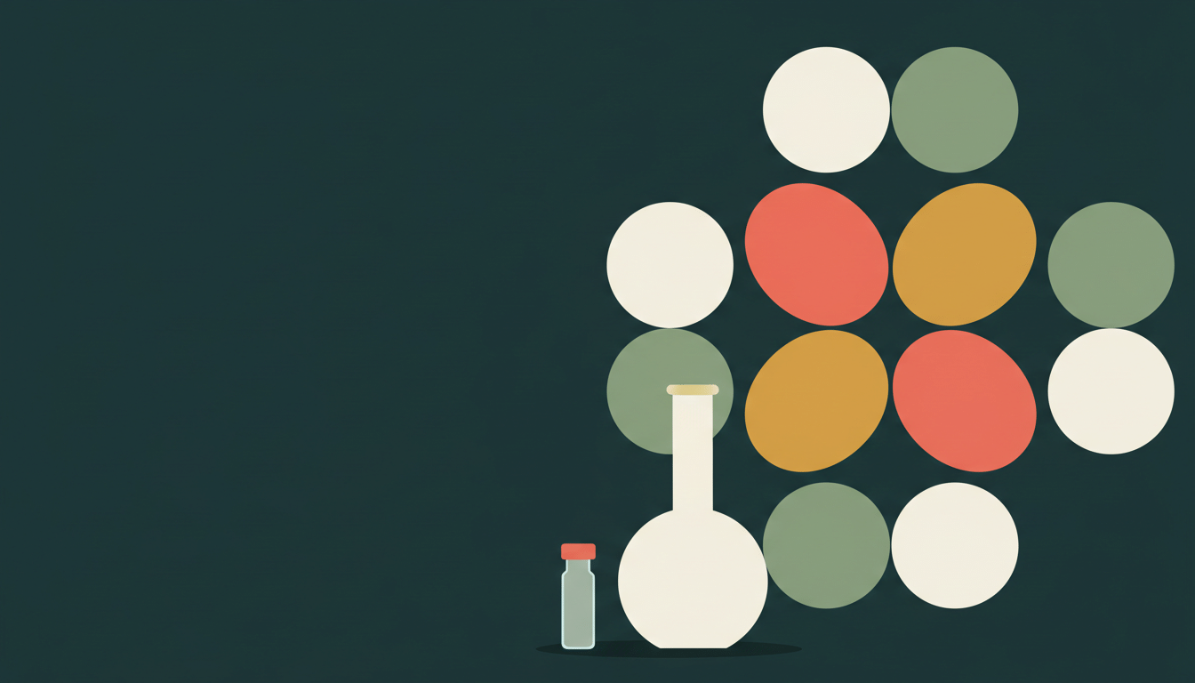 Abstract illustration: mirrored circles, a tiny sample vial and a lab flask on a dark green ground