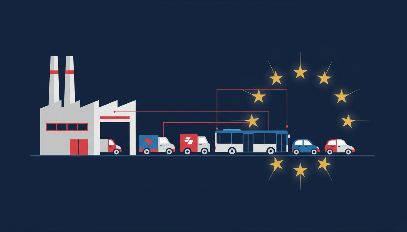 Illustration of electric vans, buses and cars leaving a factory toward a ring of gold EU stars