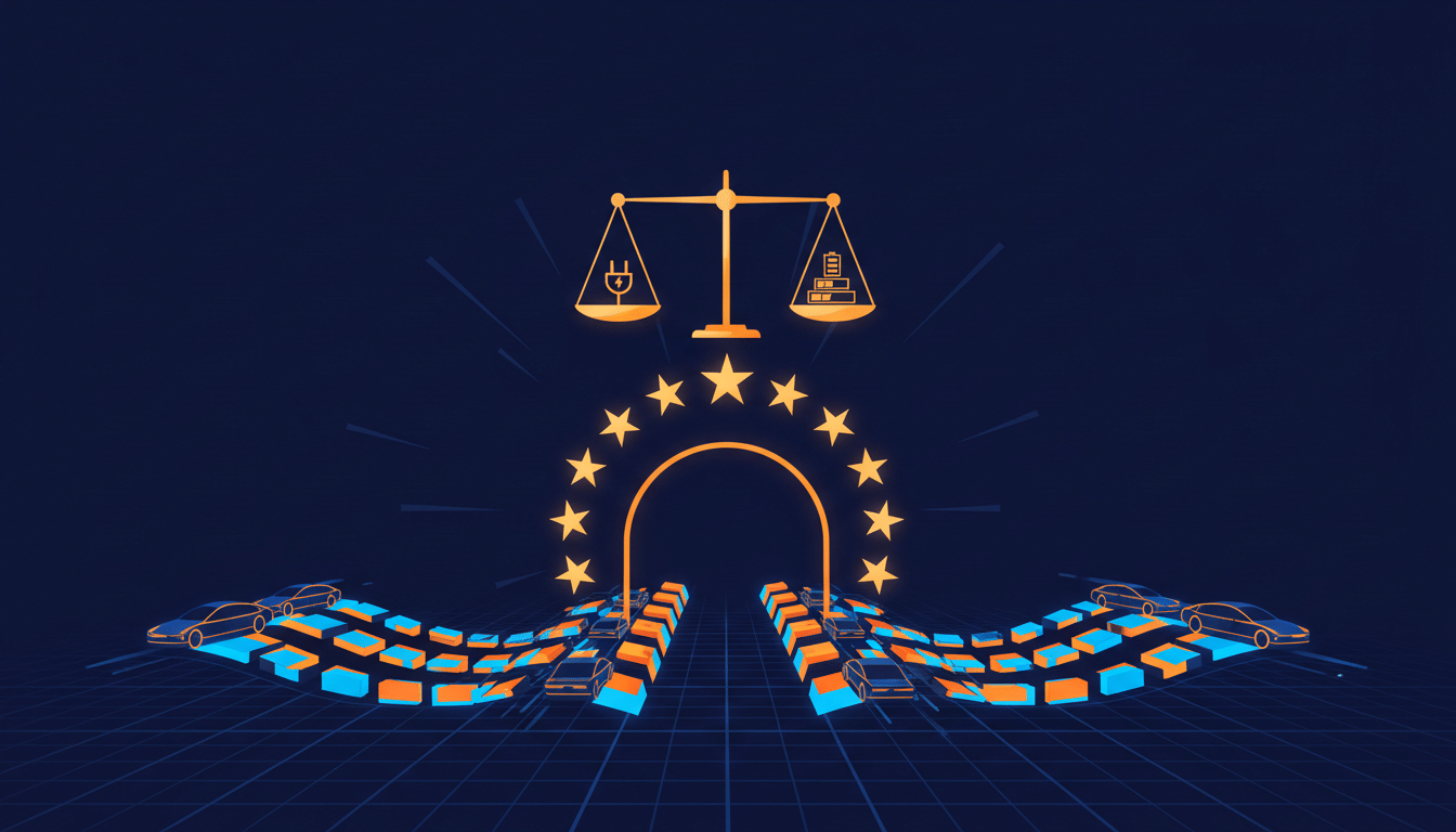 Illustration of electric cars and battery cells approaching a gate formed by a ring of gold EU stars