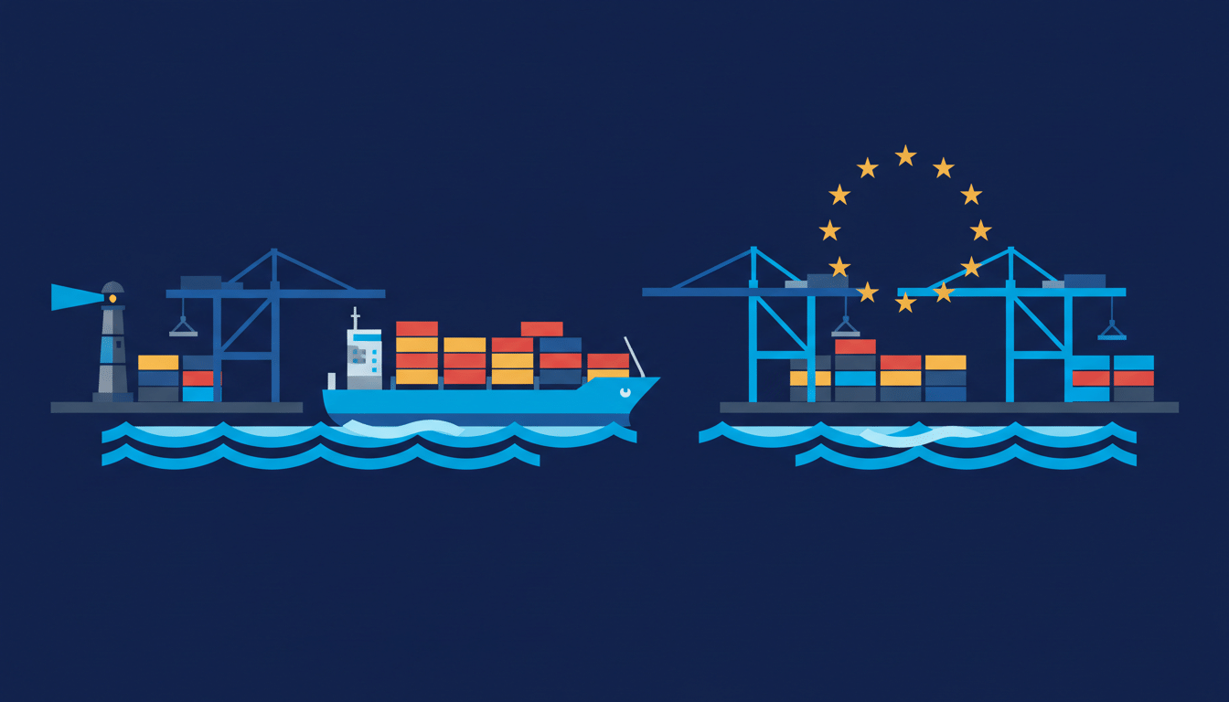 Illustration of two industrial harbours facing each other across the Atlantic with a ring of gold stars