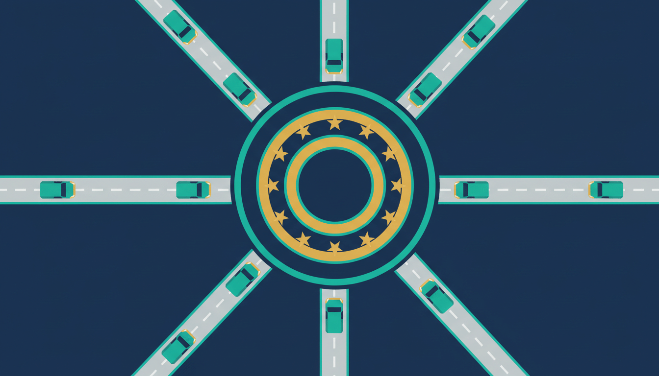 Illustration of concentric circles around a ring of gold stars with cars arriving from several directions