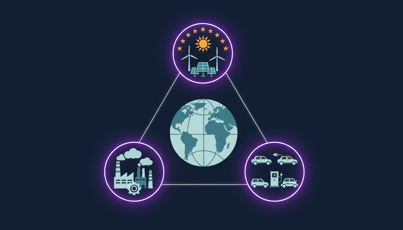 Illustration of a globe with three separate factory clusters linked by supply-chain lines