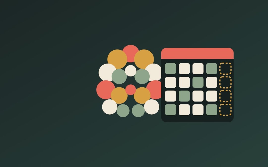 Illustration: a monthly calendar with the Friday column left open beside a cluster of mirrored discs