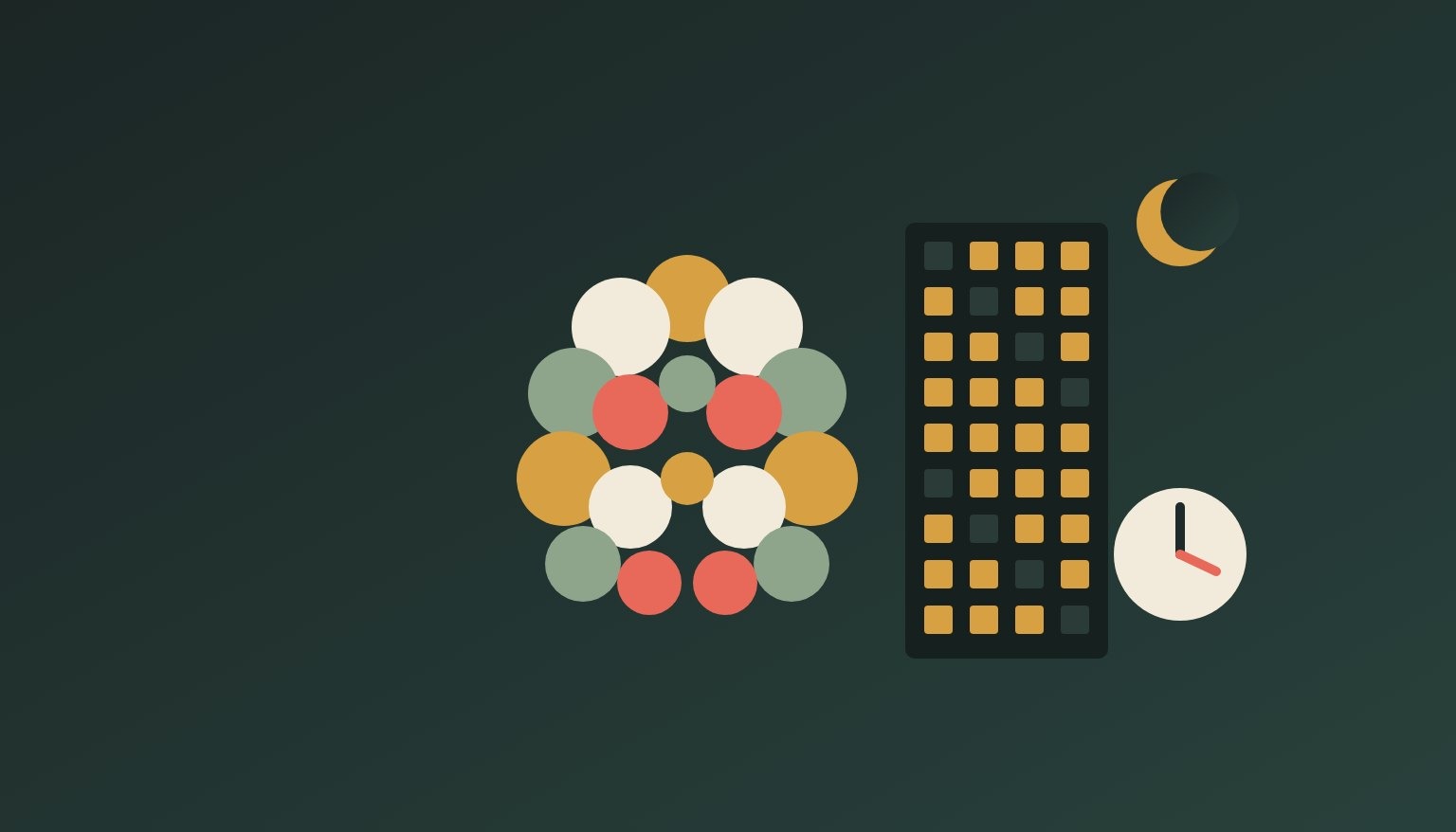 Illustration: an office tower with lit windows at night, a moon and a clock beside a cluster of mirrored discs