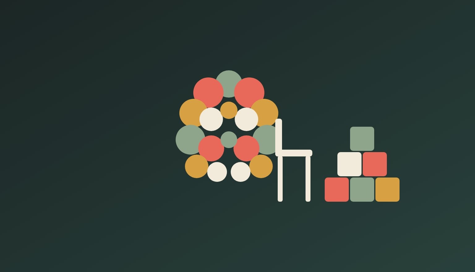Illustration: a small chair and stacked toy blocks beside a cluster of mirrored discs