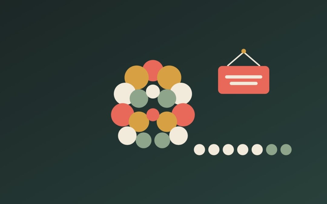 Illustration: a hanging closed sign and a row of seven dots for a week beside a cluster of mirrored discs