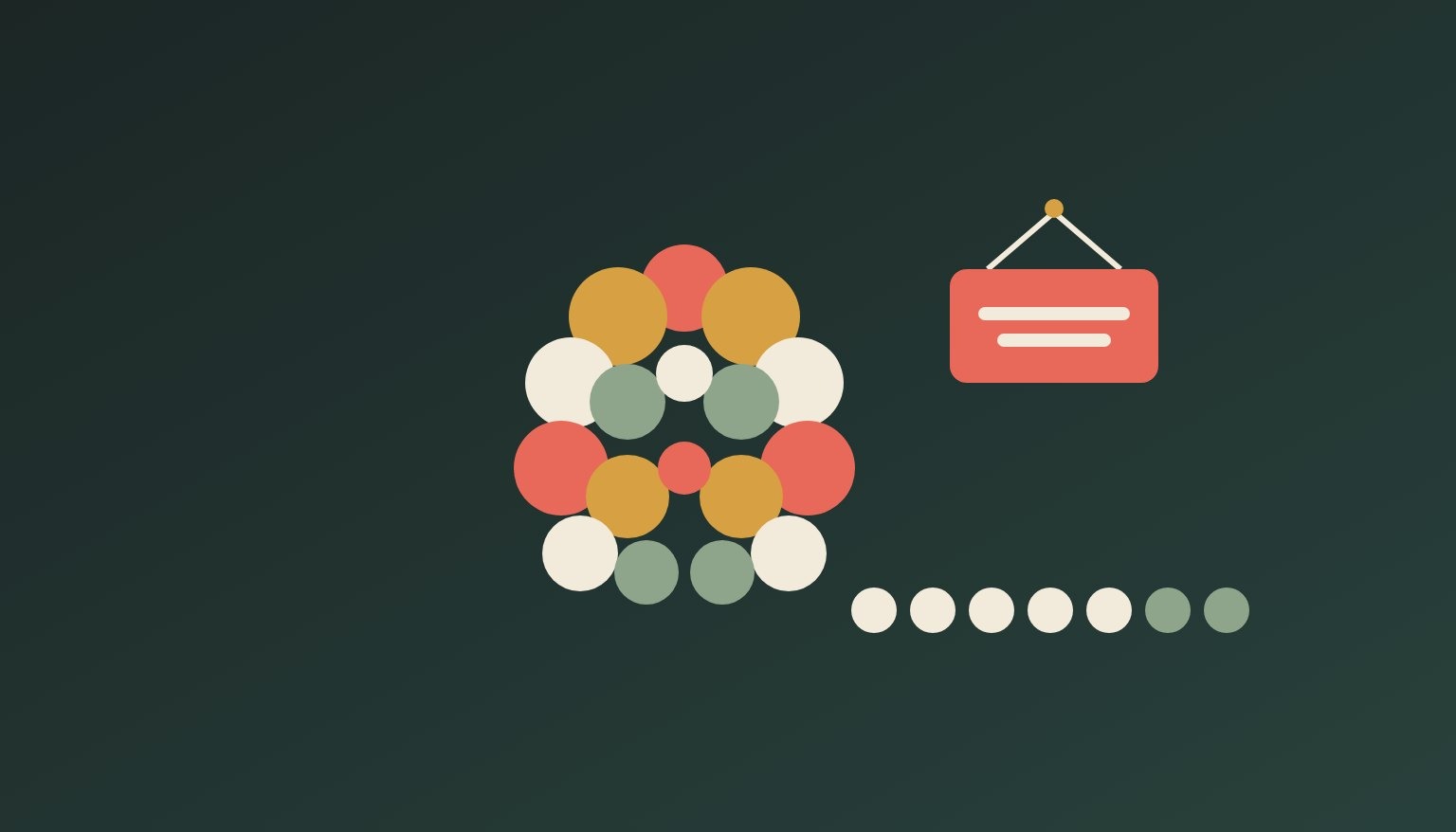 Illustration: a hanging closed sign and a row of seven dots for a week beside a cluster of mirrored discs