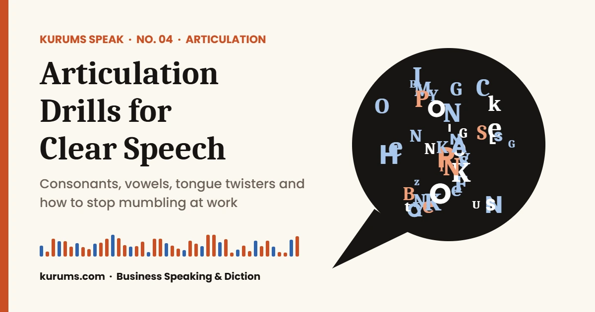 Kurums Speak No. 04 cover: Articulation Drills for Clear Speech, consonants, vowels, tongue twisters and how to stop mumbling at work