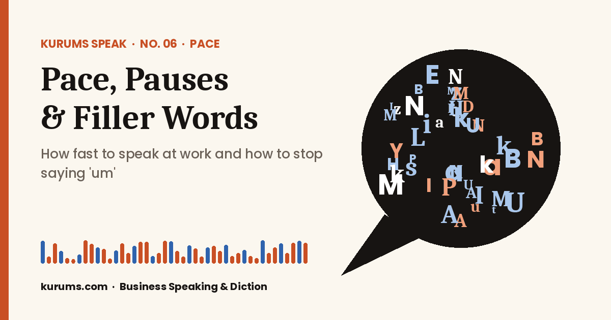 Kurums Speak No. 06 cover: Pace, Pauses & Filler Words, how fast to speak at work and how to stop saying um