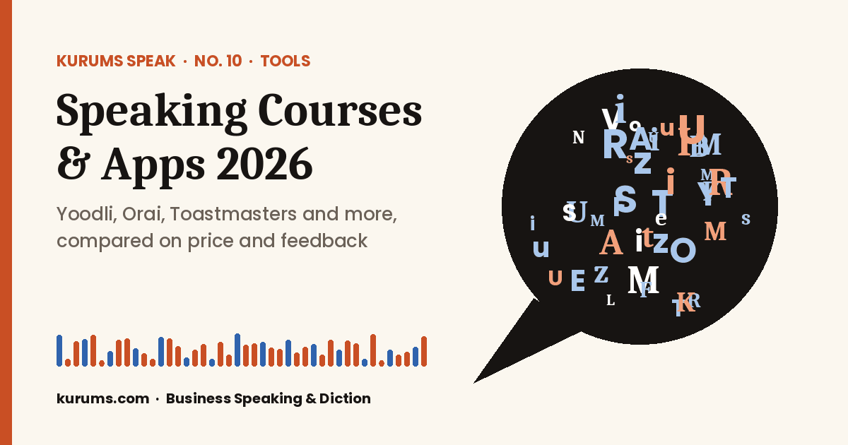 Kurums Speak No. 10 cover: Speaking Courses and Apps 2026, Yoodli, Orai, Toastmasters and more compared on price and feedback