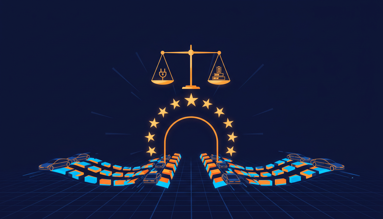 Illustration of electric cars and battery cells approaching a gate formed by a ring of gold EU stars