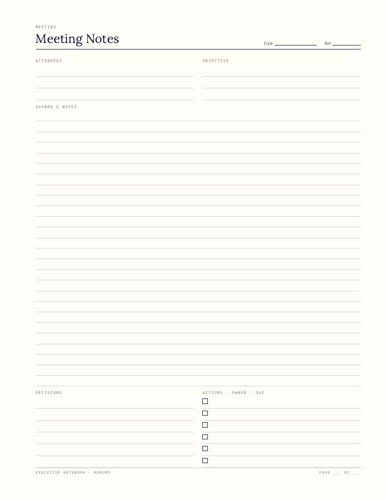 Executive Notebook — Printable Interior: Meeting Notes, Decision Log, 1:1, Weekly Review (12 page designs, Letter + A4) - Image 2