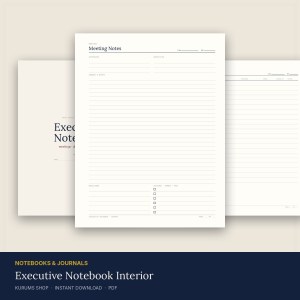 Executive Notebook — Printable Interior: Meeting Notes, Decision Log, 1:1, Weekly Review (12 page designs, Letter + A4)