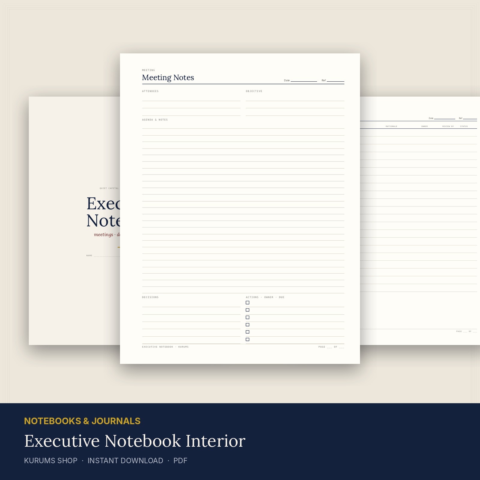 Executive Notebook — Printable Interior: Meeting Notes, Decision Log, 1:1, Weekly Review (12 page designs, Letter + A4)